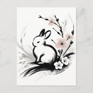 Minimalistischer Frühling Zen-Kaninchen Kirschblüt Ankündigungspostkarte