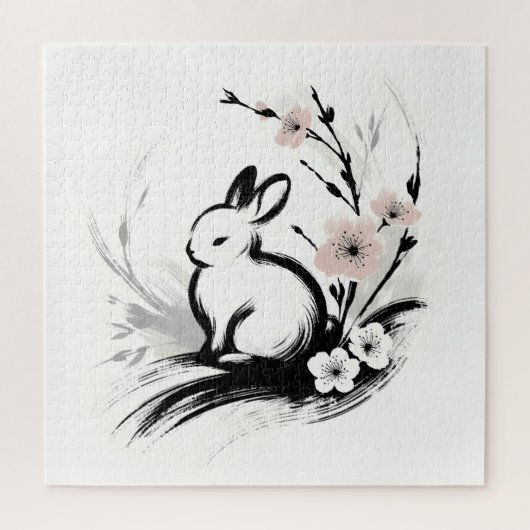 Minimalistischer Frühling Zen Kaninchen Kirschblüt Puzzle (Vertikal)