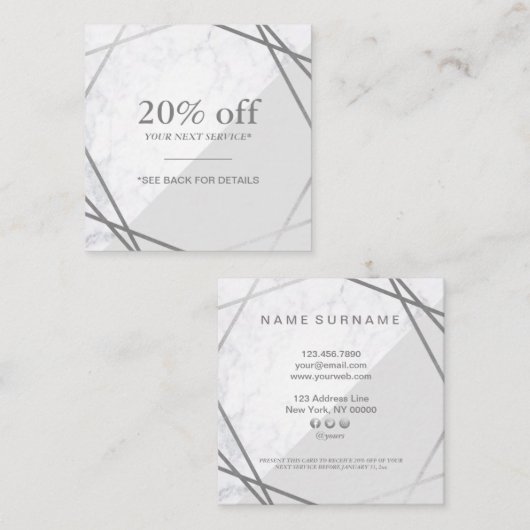 Minimalistischer geometrischer grauer silberner quadratische visitenkarte (Vorne/Hinten)