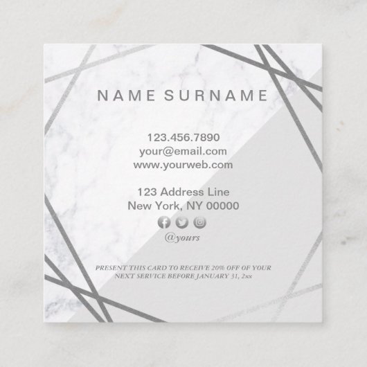 Minimalistischer geometrischer grauer silberner quadratische visitenkarte (Rückseite)