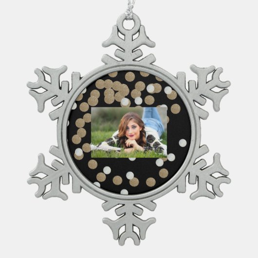 Minimalistischer Glitzer, schwarzer Champagnergold Schneeflocken Zinn-Ornament (Vorderseite)