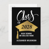 Minimalistischer Gold Grad Cap Stilvoller Script-A Ankündigungspostkarte (Vorne/Hinten)