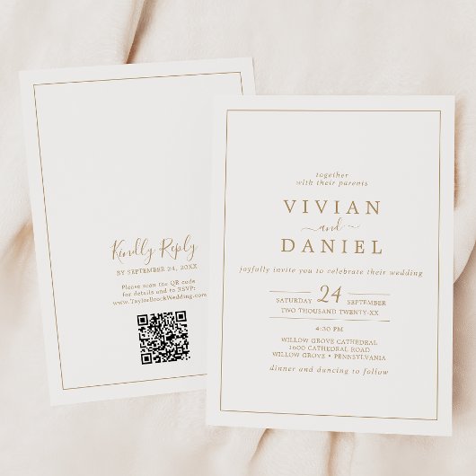 Minimalistischer Gold QR Code in einer Hochzeit Einladung
