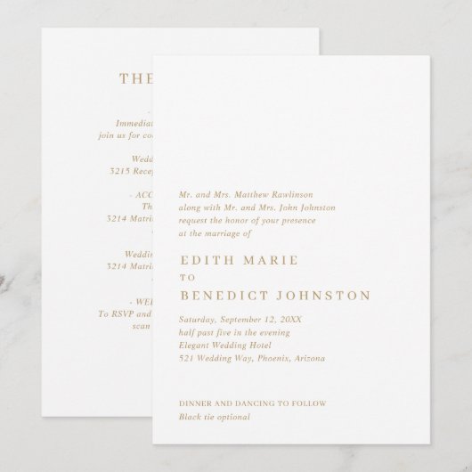 Minimalistischer Gold QR Code Moderne Hochzeit Einladung (Vorne/Hinten)