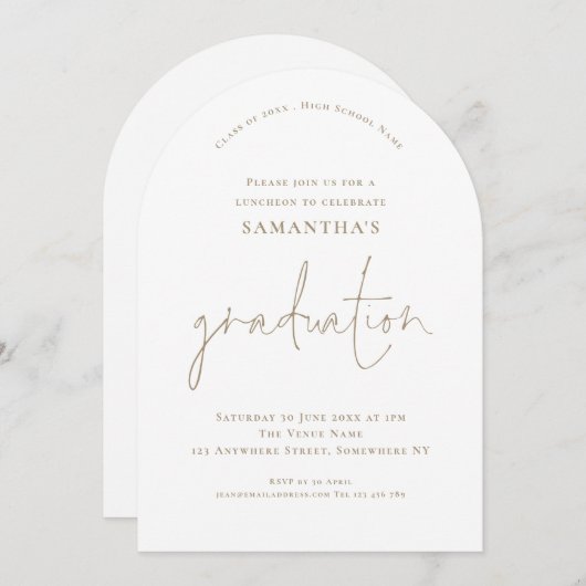 Minimalistischer Gold Text Grad Luncheon Abschluss Einladung (Vorne/Hinten)