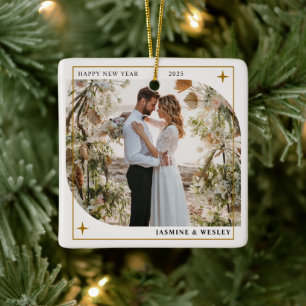 Minimalistischer Gold-Weihnachtshochzeitsfoto Keramikornament