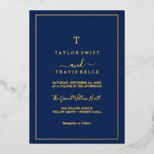 Minimalistischer Goldfolie Navy Blau Monogramm-H Folieneinladung
