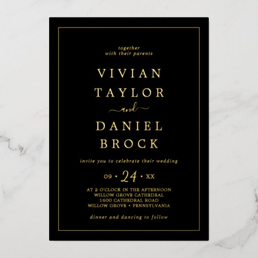 Minimalistischer Goldstreifen | Black Bold Names W Folieneinladung (Vorderseite)