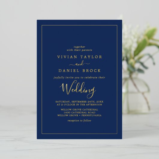 Minimalistischer Goldstreifen | Blue Wedding Folieneinladung (Stehend vorne)