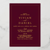 Minimalistischer Goldstreifen | Burgund Foto Back Folieneinladung (Vorderseite)