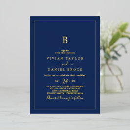 Minimalistischer Goldstreifen | Navy Blue Monogram Folieneinladung