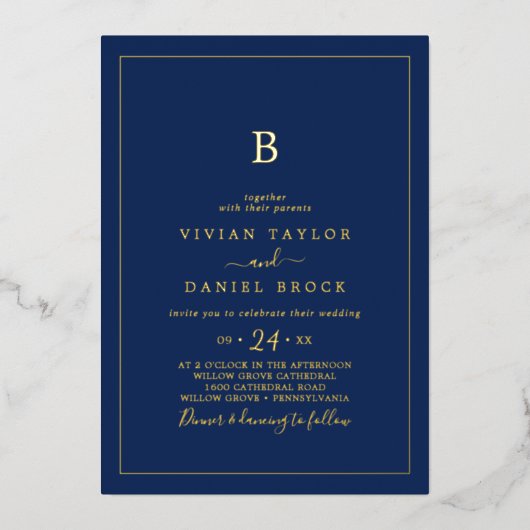 Minimalistischer Goldstreifen | Navy Blue Monogram Folieneinladung (Vorderseite)