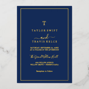 Minimalistischer Goldstreifen   Navy Blue Monogram Folieneinladung