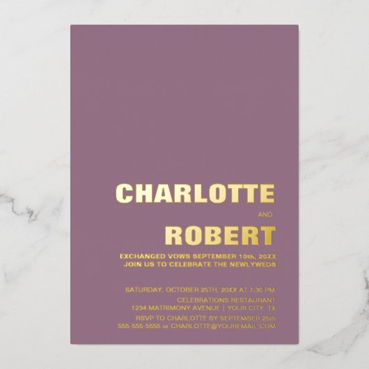 Minimalistischer Goldtext-Dusty-Rose Hochzeitsempf Folieneinladung (Vorderseite)