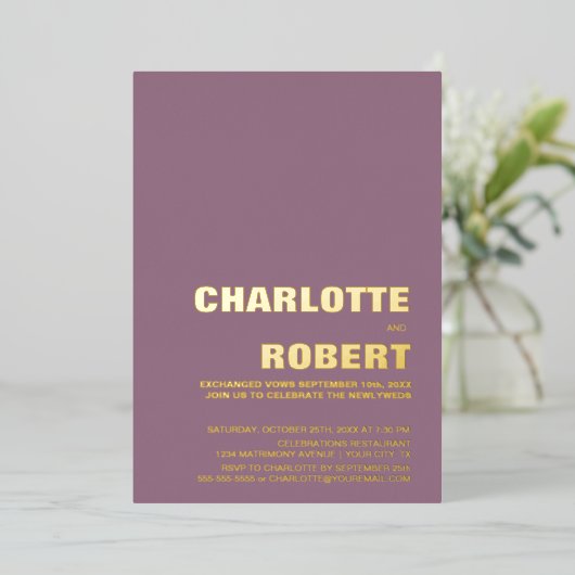 Minimalistischer Goldtext-Dusty-Rose Hochzeitsempf Folieneinladung (Stehend vorne)