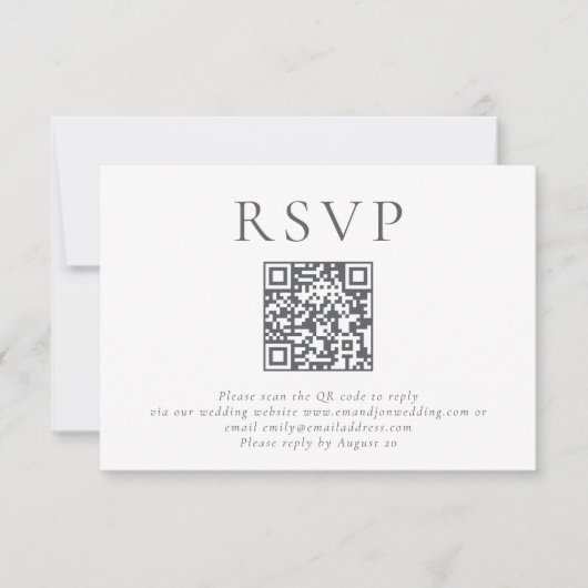 Minimalistischer Grautext QR Code Hochzeit RSVP Karte (Vorderseite)