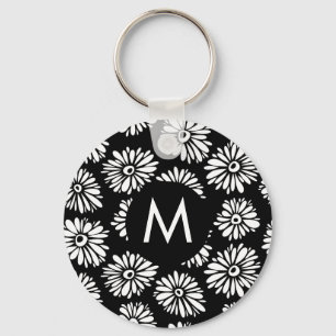Minimalistischer groovy Schwarz-Weiß-Daisy-Monogra Schlüsselanhänger