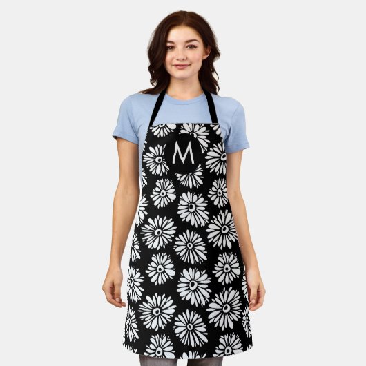Minimalistischer Groovy-Schwarz-Weiß-Daisy-Monogra Schürze (Getragen)