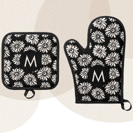 Minimalistischer Groovy Schwarz-Weiß-Monogramm-Dai Ofenhandschuh & Topflappen-Set