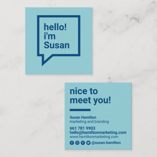 Minimalistischer Himmelblau kühn hallo Sprechblase Quadratische Visitenkarte (Vorne/Hinten)
