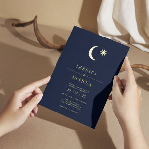 Minimalistischer Himmelsseestar Moon Golden Foil Folieneinladung