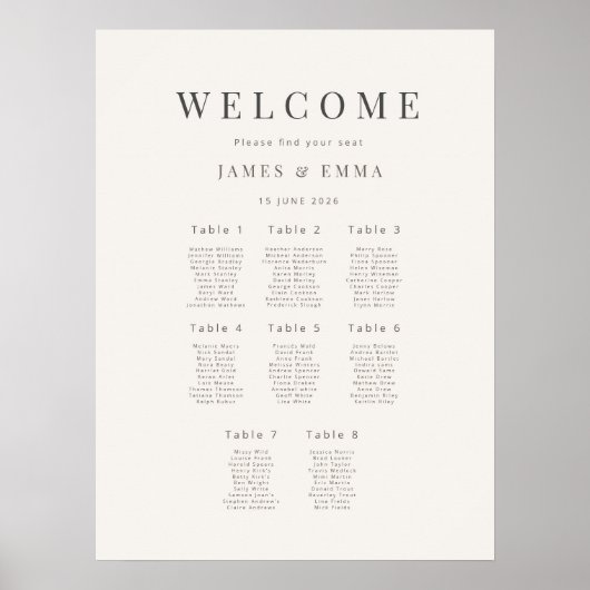 Minimalistischer Hochzeits-Sitzplan (8) Warmweiß Poster (Vorne)