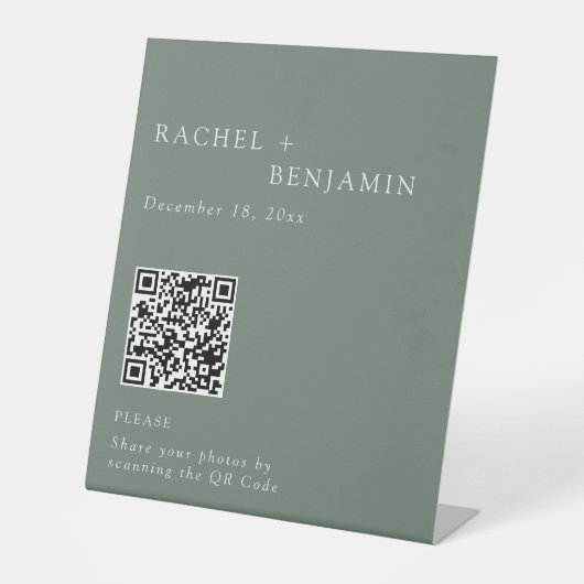 Minimalistischer Hochzeitsfoto-Sharing-QR-Code Sag Sockelschild (Vorderseite)