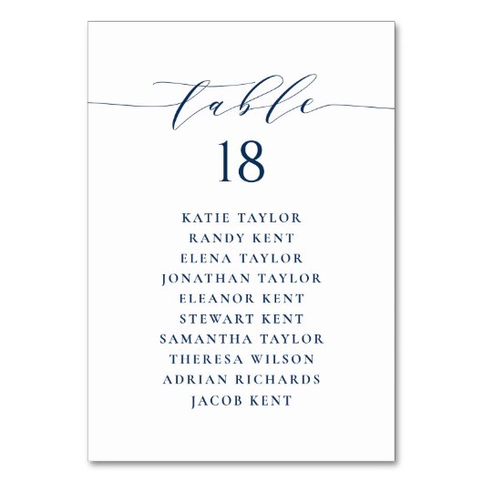 Minimalistischer Hochzeitsplan für Navy Blue Tischnummer (Vorderseite)