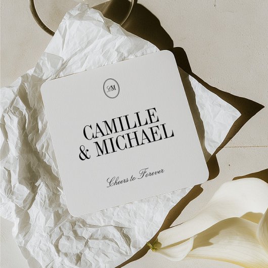 Minimalistischer Hochzeitsuntersetzer mit Monogram Rechteckiger Pappuntersetzer