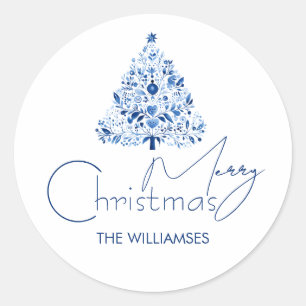 Minimalistischer Hygge White and Blue Weihnachtsba Runder Aufkleber