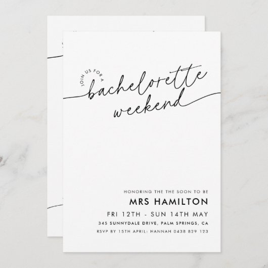 Minimalistischer Junggeselinnen-Abschied Wochenend Einladung (Vorne/Hinten)