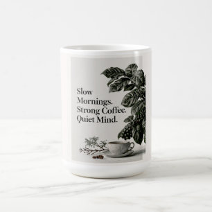 Minimalistischer Kaffeewitz mit Tasse, Pflanze und Kaffeetasse