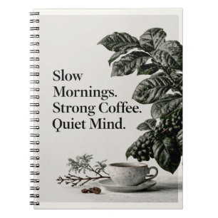 Minimalistischer Kaffeewitz mit Tasse, Pflanze und Notizblock