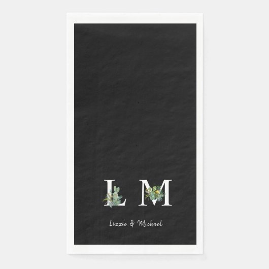 Minimalistischer Kaktus Monogramm Name Schwarz Serviette (Vorderseite)