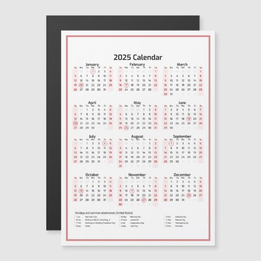 Minimalistischer Kalender 2025 Rosa Magnetkarte (Vorne/Hinten)
