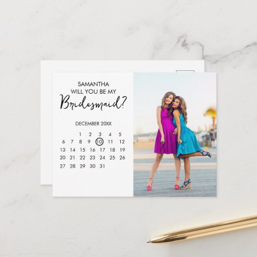 Minimalistischer Kalender Chic Foto Bridesmaid Vor Postkarte (Vorderseite/Rückseite Beispiel)