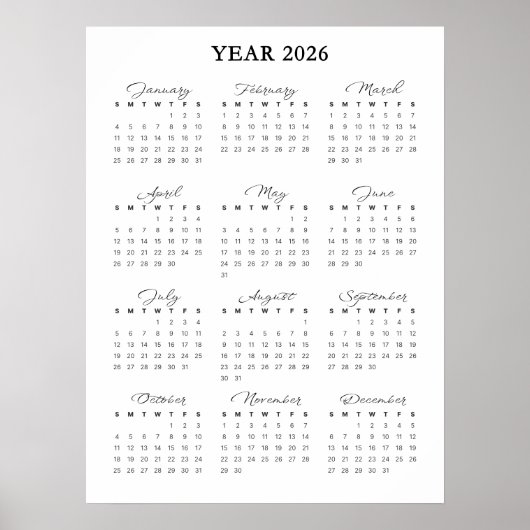Minimalistischer Kalenderposter 2026 Poster (Vorne)