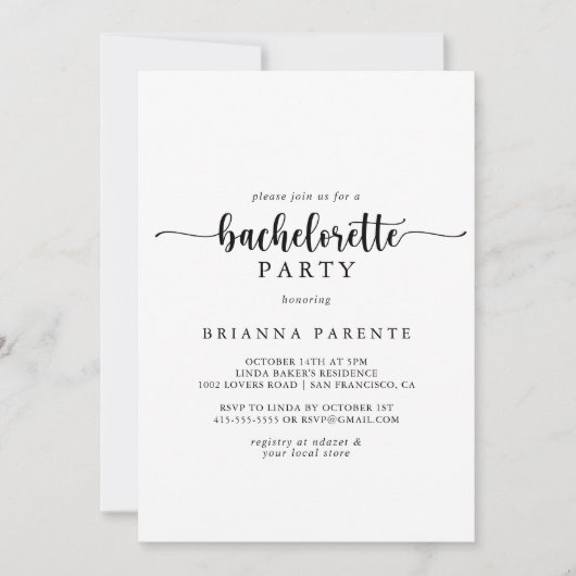 Minimalistischer kalligrafischer Junggeselinnen-Ab Einladung (Vorderseite)