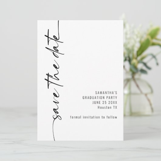 Minimalistischer Kalligraphie-Abschluss Save The Date (Stehend Vorderseite)