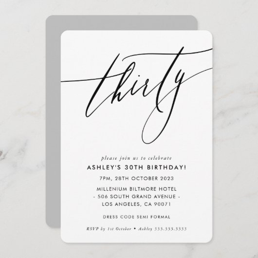 MINIMALISTISCHER Kalligraphie-Chic 30. Geburtstag Einladung (Vorne/Hinten)