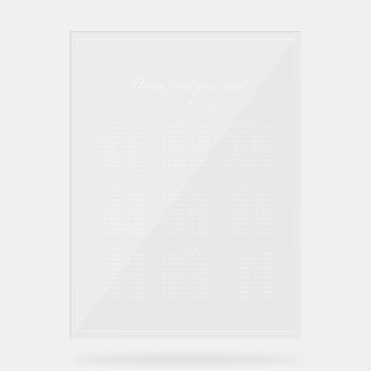 Minimalistischer klarer Sitzplan Weißer Text Acrylschild (Vorderseite)