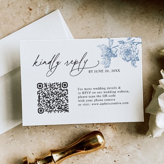 Minimalistischer klassischer Blue QR-Code Hochzeit RSVP Karte