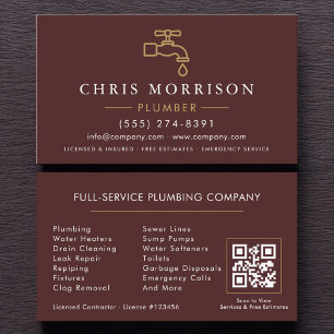 Minimalistischer Klempner Bordeaux Gold QR-Code Visitenkarte