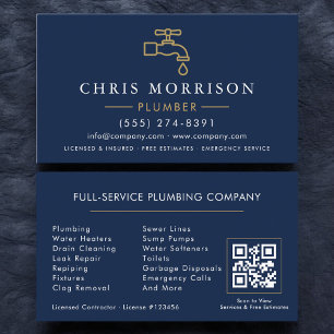 Minimalistischer Klempner Navy Blau Gold QR-Code Visitenkarte