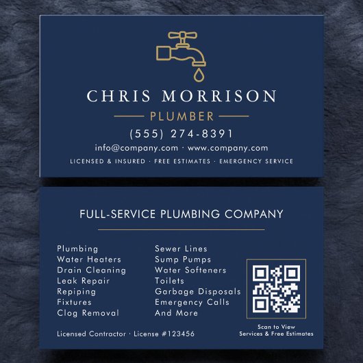 Minimalistischer Klempner Navy Blau Gold QR-Code Visitenkarte