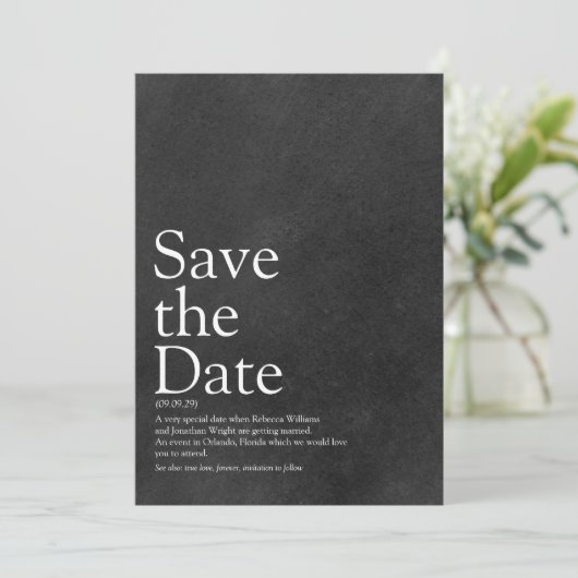 Minimalistischer Kopfbrett Save the Date Definitio (Stehend Vorderseite)