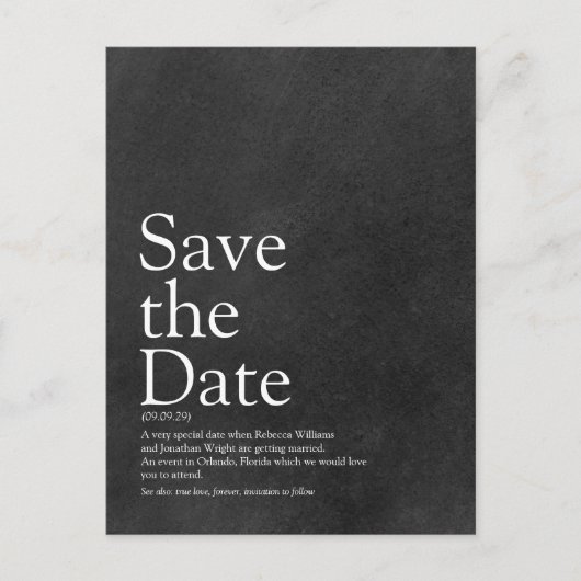 Minimalistischer Kopfbrett Save the Date Definitio Ankündigungspostkarte (Vorderseite)
