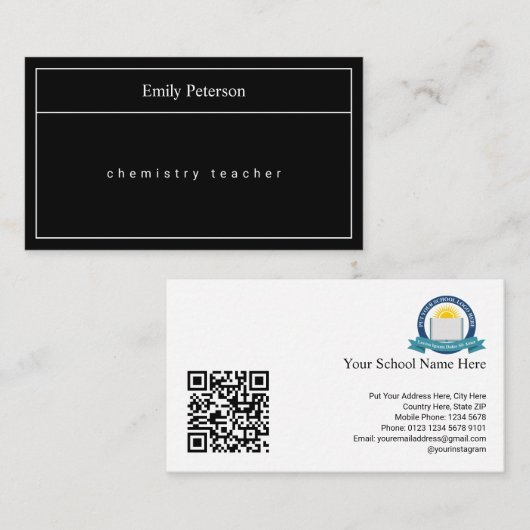 Minimalistischer Lehrer mit QR-Code und Schullogo Visitenkarte (Vorne/Hinten)