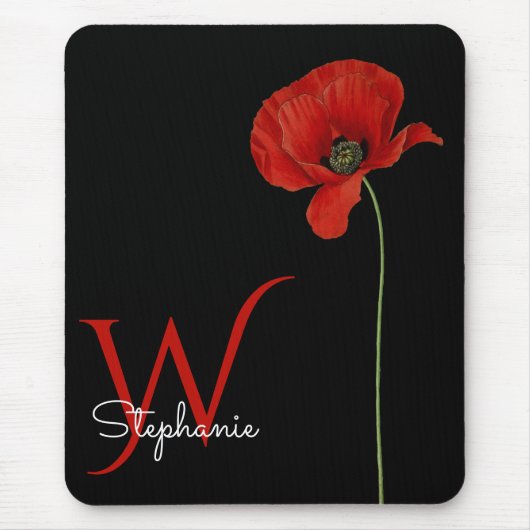 Minimalistischer Mit Monogramm Roter Mohn auf Schw Mousepad (Vorne)