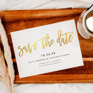 Minimalistischer moderner Chic Schrift Weiß + Gold Save The Date